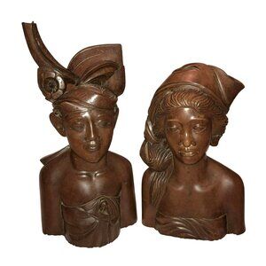 Hand Carved Indonesian Busts Signed AA Fatimah Woman Warrior Circa 1940 Bali Set